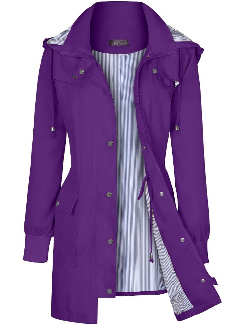 Women's Purple Hooded Waterproof Striped Climbing Windbreaker Trench Rain Coat